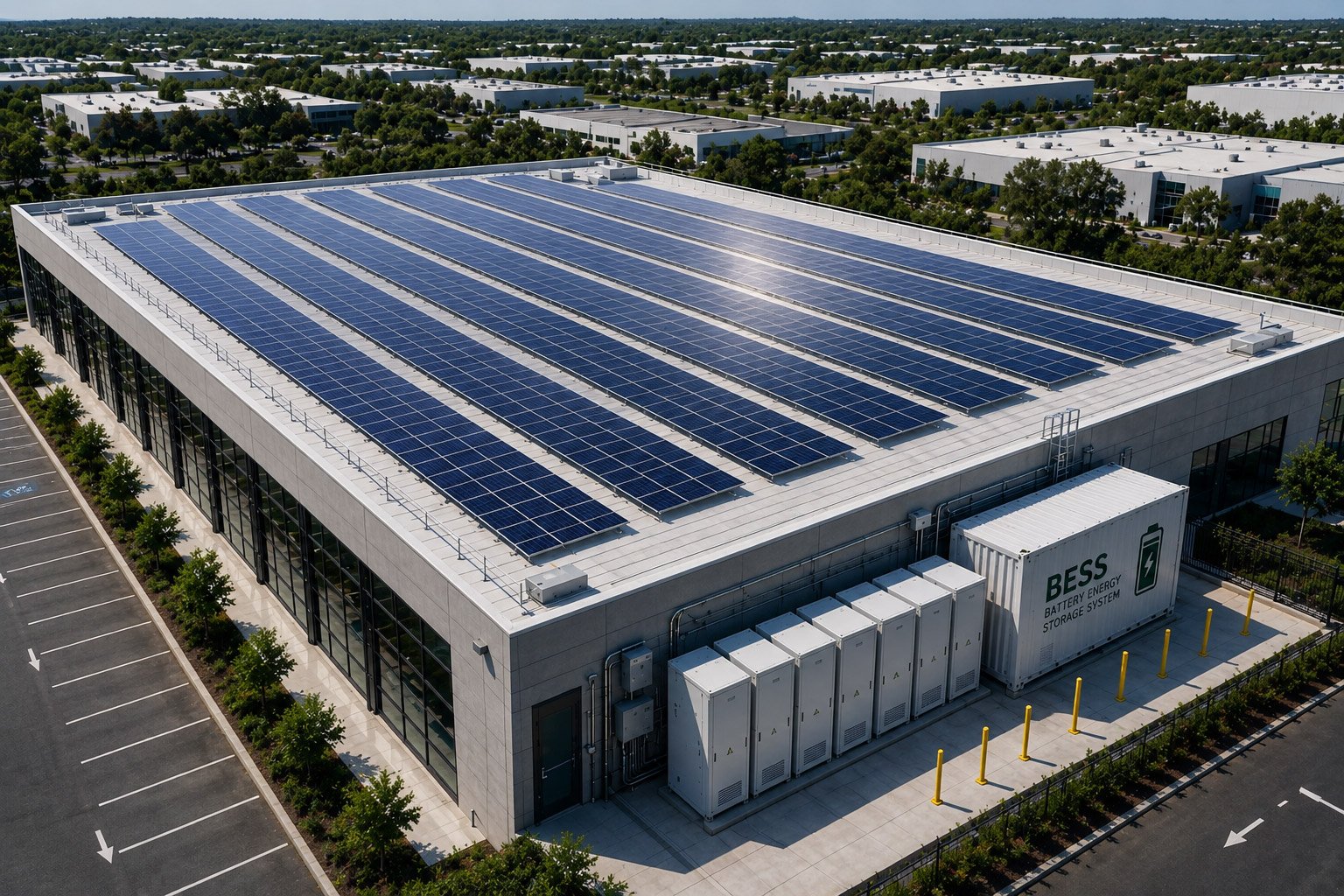 Commercial facility with rooftop solar array and containerised BESS battery energy storage system