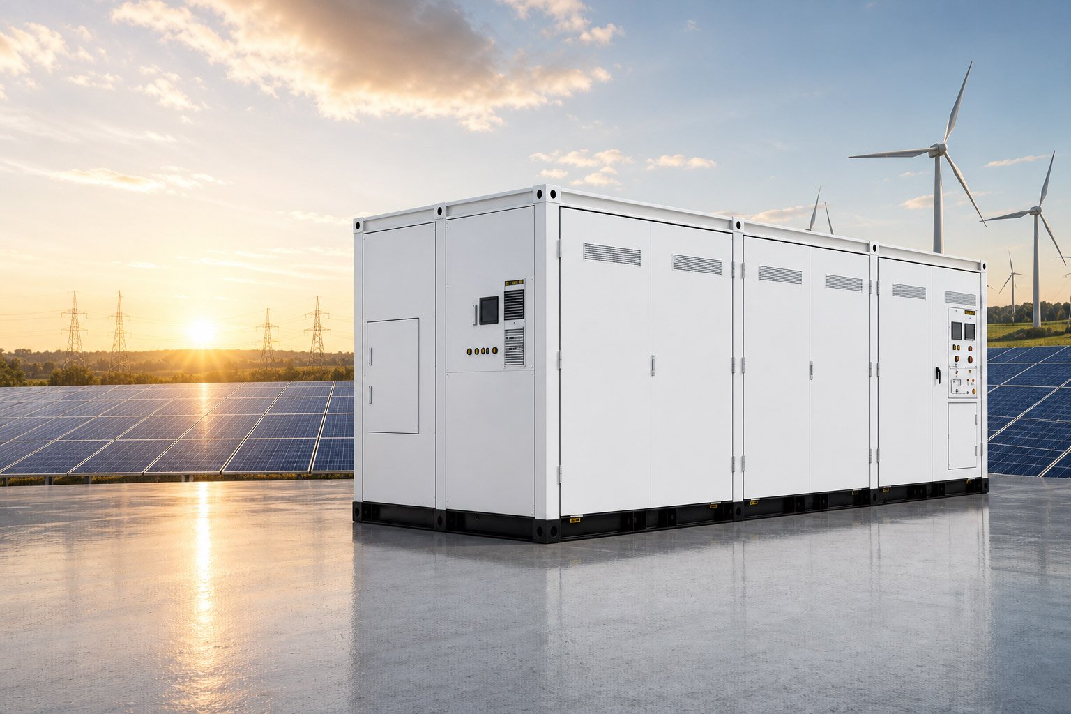 Containerised battery energy storage system beside a solar farm and wind turbines at sunset