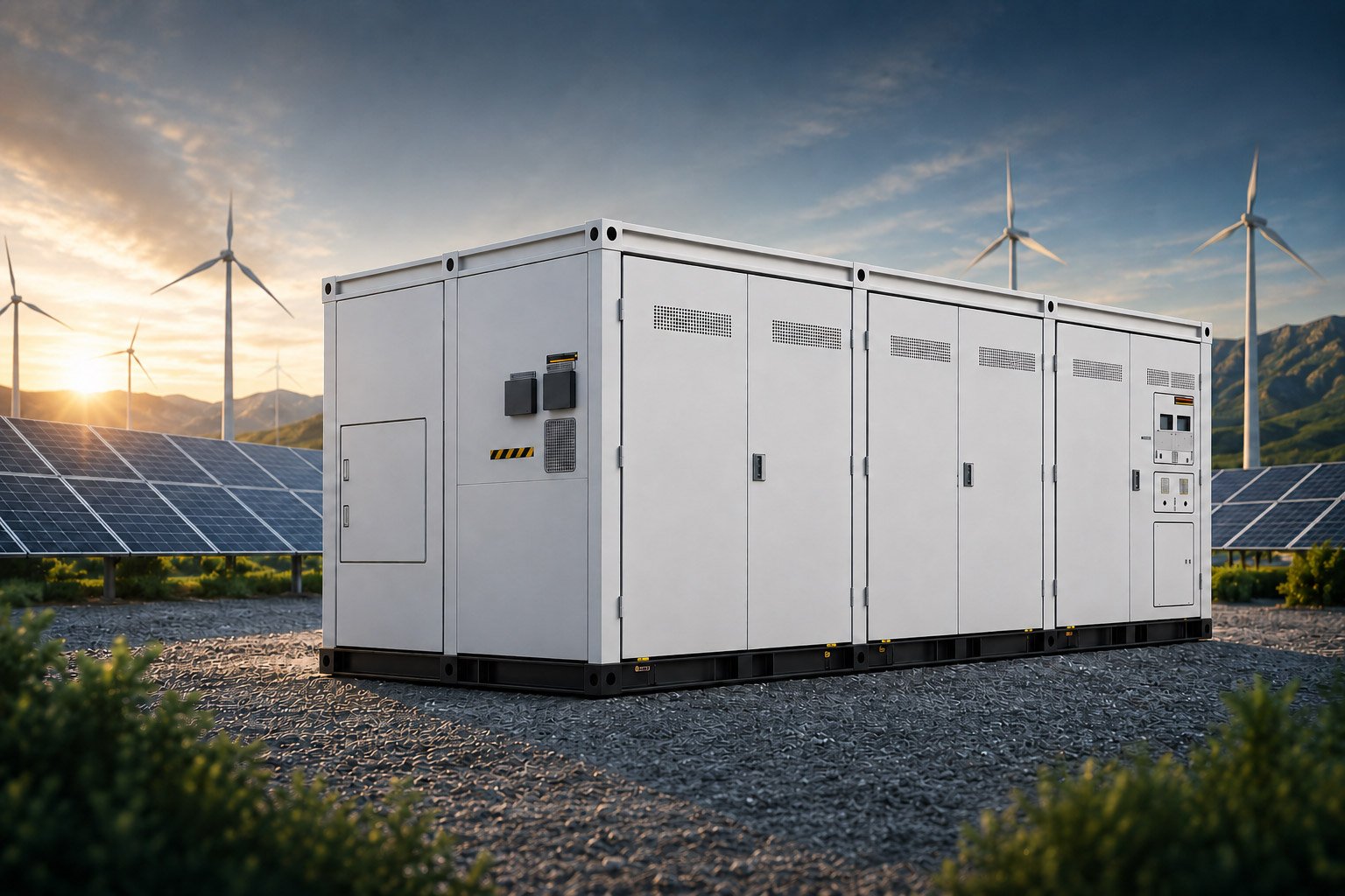 Containerised battery energy storage system in a field with wind turbines and solar panels at sunset