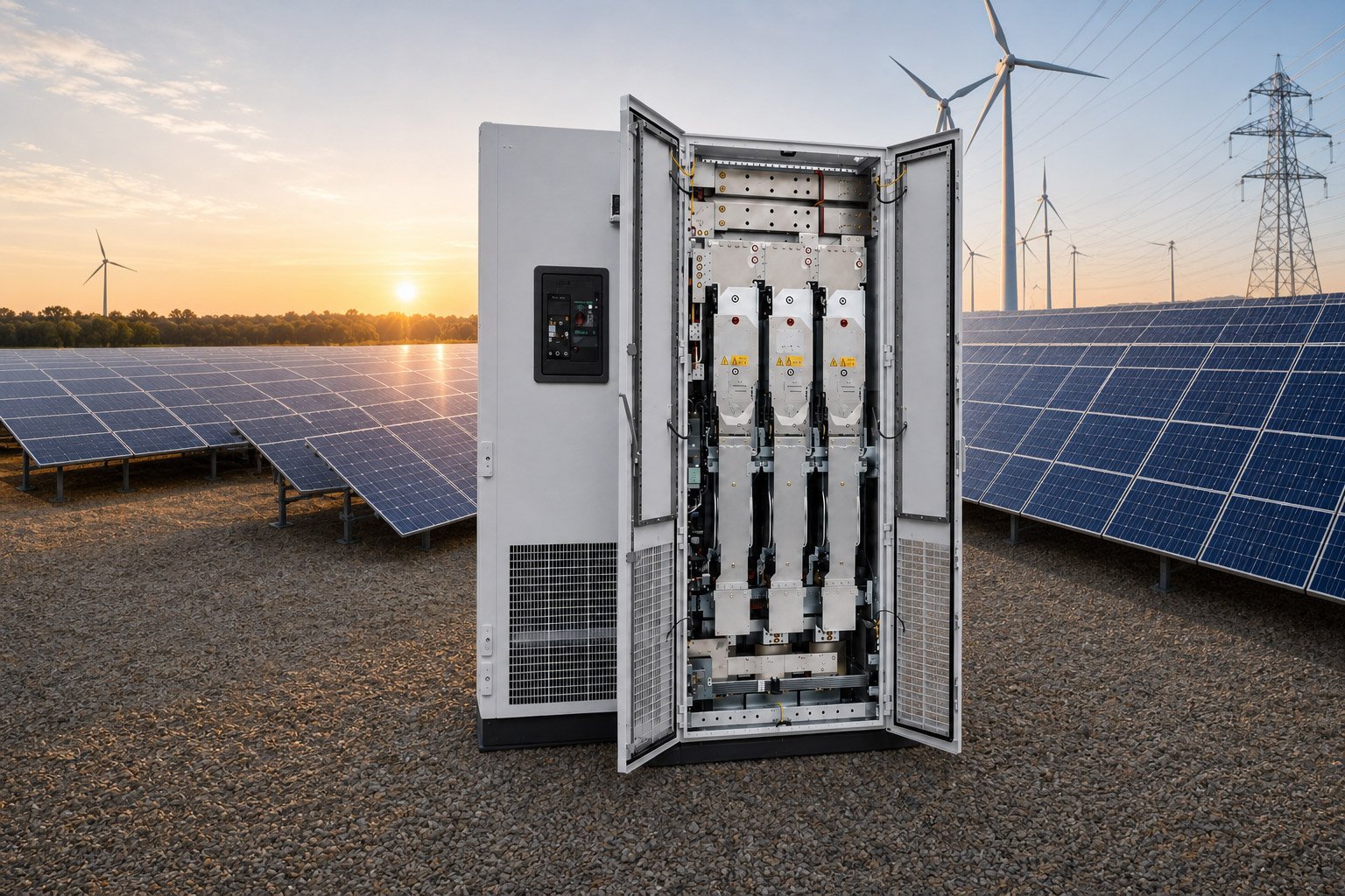 Open power conversion system cabinet showing inverter and switching equipment installed in a solar field