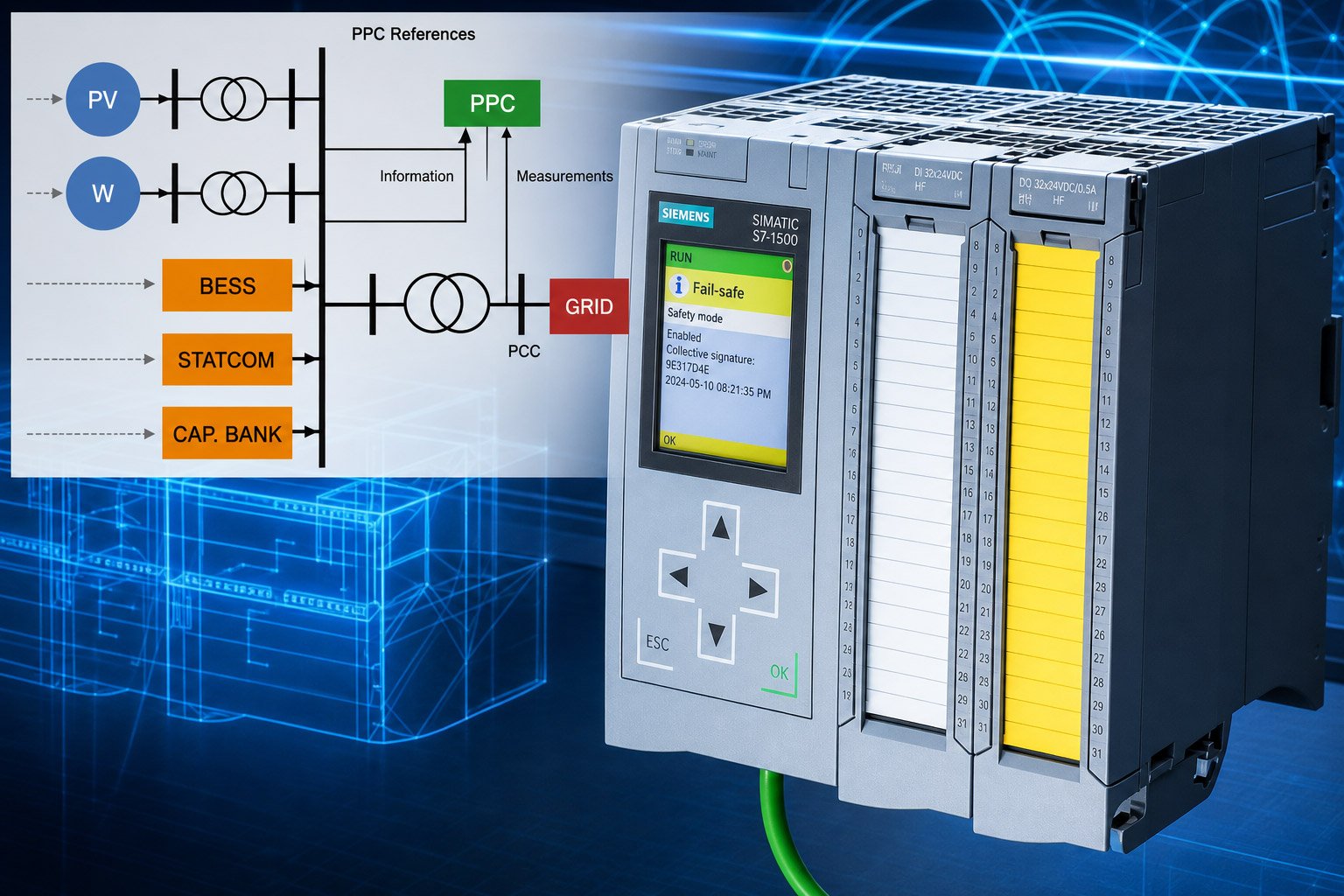 Power plant controller architecture diagram alongside a Siemens S7-1500 PLC control unit