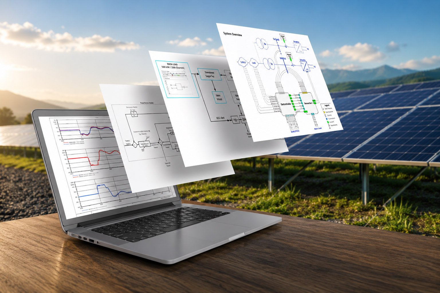 Laptop on a table displaying electrical design diagrams and performance charts, with a solar farm in the background