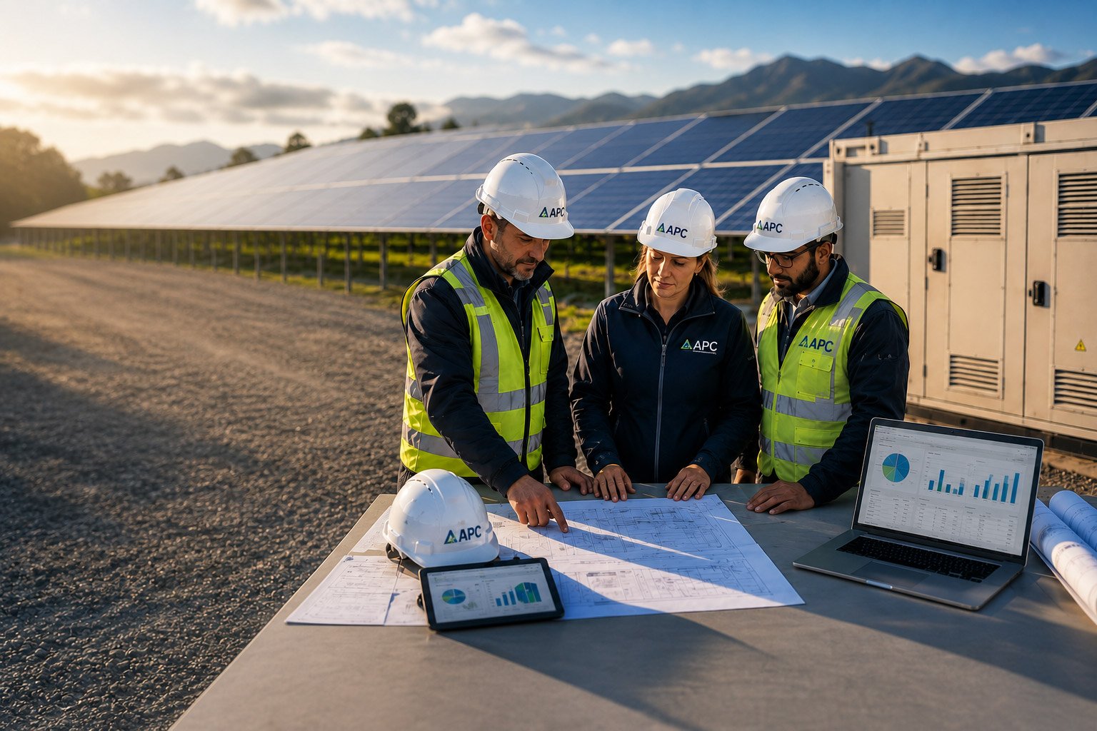 Three engineers in hard hats and high-visibility vests reviewing project drawings on site at a solar farm