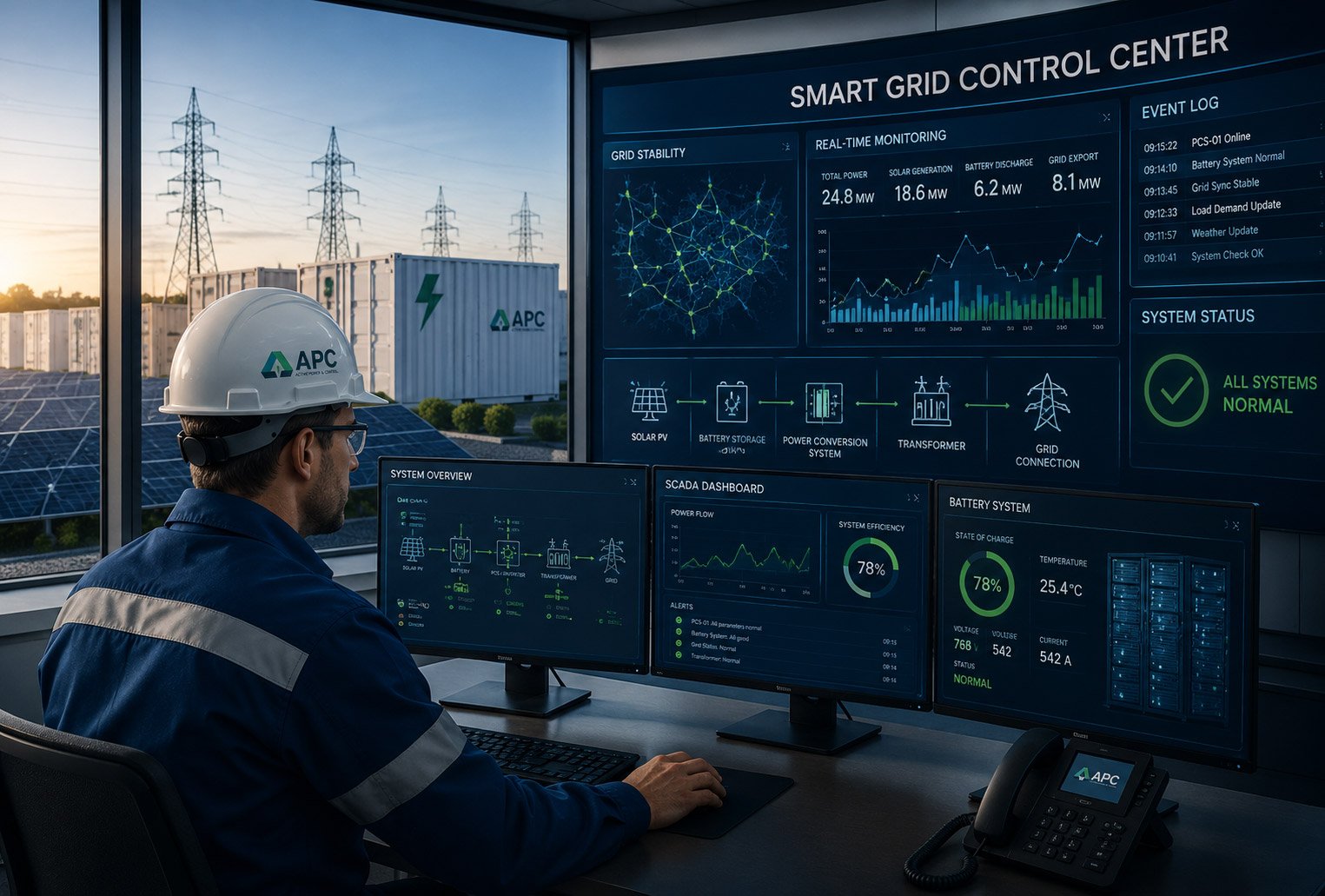 Operator in a hard hat monitoring a smart grid control centre with screens showing grid stability data and event logs